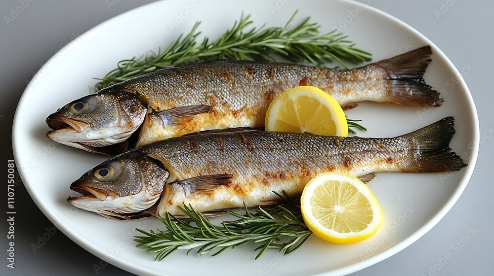 Whole grilled fish served with lemon slices and rosemary garnish on plate. Whole grilled fish served with lemon slices and rosemary garnish on plate.