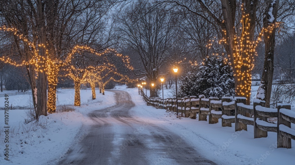 Snowy Winter Road with Trees Adorned by Twinkling Lights and Streetlamps Creating a Magical Holiday Atmosphere at Dusk Snowy Winter Road with Trees Adorned by Twinkling Lights and Streetlamps Creating a Magical Holiday Atmosphere at Dusk