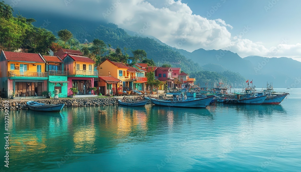 Coastal fishing village on the South China Sea, colorful houses, and anchored fishing boats, soft natural light Coastal fishing village on the South China Sea, colorful houses, and anchored fishing boats, soft natural light