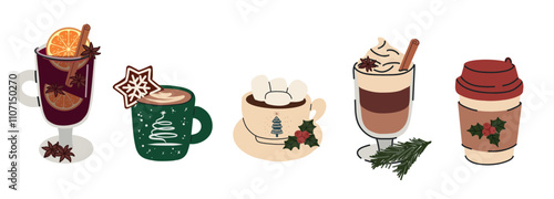 Christmas hot drinks, winter holidays hot cups. A mug of hot chocolate, cocoa, cappuccino, mulled wine. Christmas drink with marshmallows, gingerbread, cinnamon. Flat vector illustrations isolated.