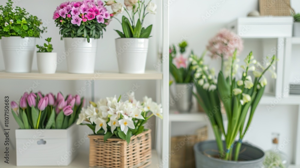 Shelf with Fresh Flowers in the Room - A charming and tranquil setting. The fresh flowers add a touch of nature and beauty to the room. Shelf with Fresh Flowers in the Room - A charming and tranquil setting. The fresh flowers add a touch of nature and beauty to the room.