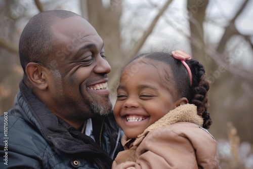 Black Family Outside. African American Father Laughing and Bonding with His Cheerful Daughter