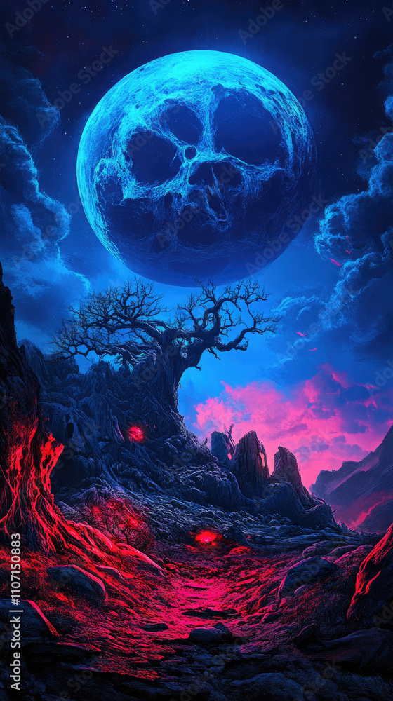 Eerie landscape with a glowing blue moon Eerie landscape with a glowing blue moon