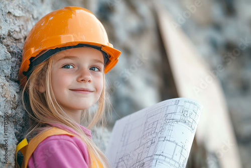 banner on a construction theme, a new generation of engineers and builders, a girl with drawings in a hard hat