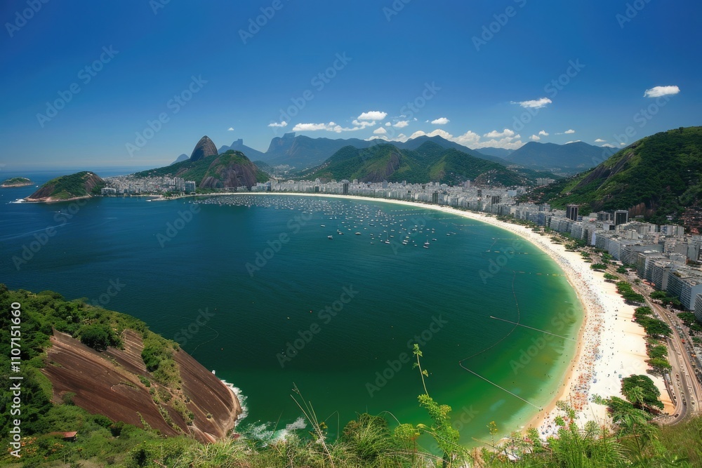 Fototapeta premium Brazil Rio De Janeiro. Aerial View of the City by the Sea with Panoramic Mountain Landscape