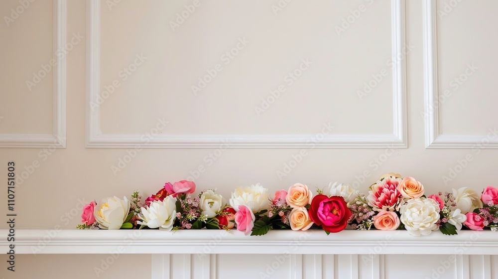 Shelf with Fresh Flowers in the Room - A charming and tranquil setting. The fresh flowers add a touch of nature and beauty to the room. Shelf with Fresh Flowers in the Room - A charming and tranquil setting. The fresh flowers add a touch of nature and beauty to the room.