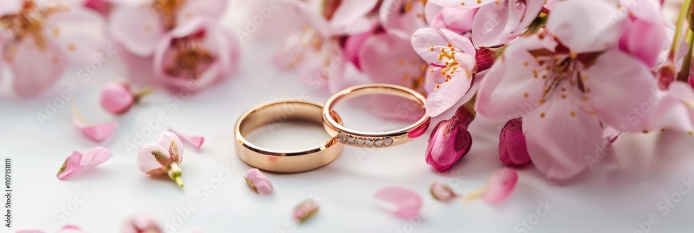 Bridal Rings. Two Golden Wedding Bands with Pink Flowers on White Background Bridal Rings. Two Golden Wedding Bands with Pink Flowers on White Background