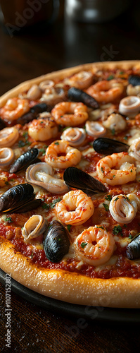 Delicious seafood pizza with shrimp, mussels, and calamari. photo