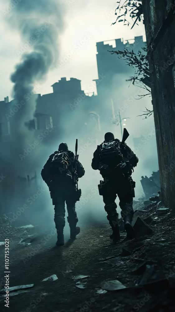 Exploring the Desolate Urban Ruins: Soldiers Navigating through the Smoky Aftermath of Conflict Exploring the Desolate Urban Ruins: Soldiers Navigating through the Smoky Aftermath of Conflict