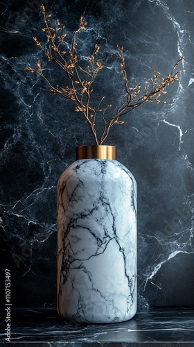 A marble vase with golden branches against a dark marble background, showcasing elegance and decor.