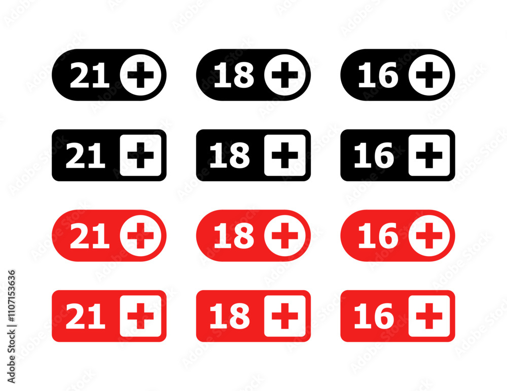 Age limit icon set. 21+, 18+, 16+ limit. Silhouette & Flat Style. Vector icons Age limit icon set. 21+, 18+, 16+ limit. Silhouette & Flat Style. Vector icons