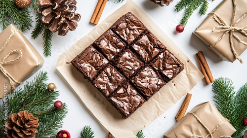 Flat lay of brownies arranged with decorative holiday elements like pinecones, cinnamon sticks, and festive napkins photo