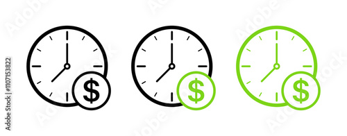 Time Money Icon Set. Dollar Watches. Linear & Flat Style. Vector icons