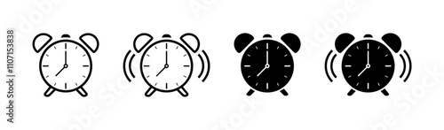Alarm Clock Icon Set. Linear & Silhouette Style. Vector icons