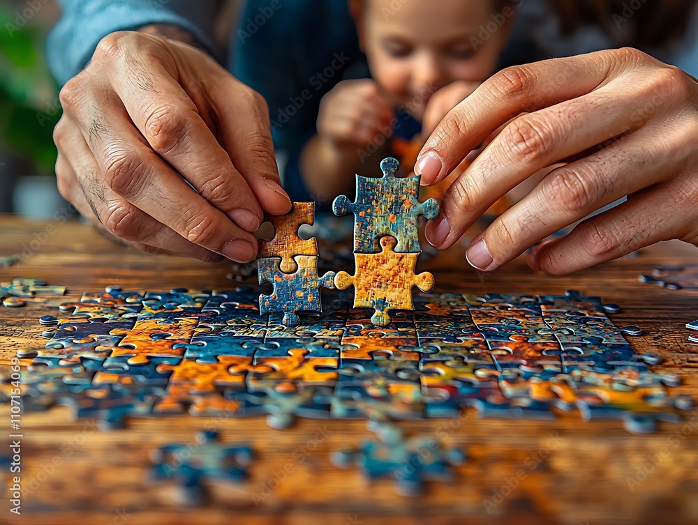Family Completes Colorful Jigsaw Puzzle Together Joyfully Family Completes Colorful Jigsaw Puzzle Together Joyfully