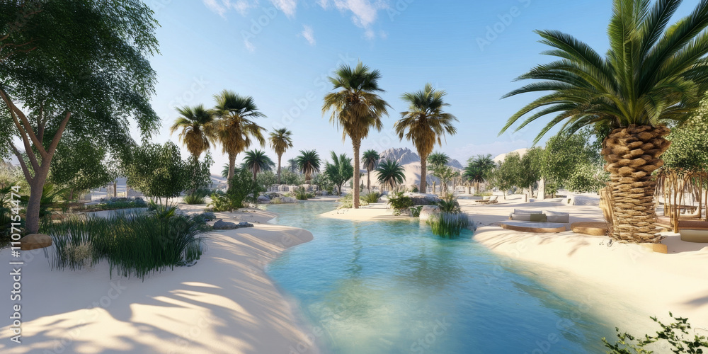 A peaceful desert oasis with a clear blue pond surrounded by palm trees and golden sand dunes. The serene setting evokes a sense of wonder and escape. A peaceful desert oasis with a clear blue pond surrounded by palm trees and golden sand dunes. The serene setting evokes a sense of wonder and escape.