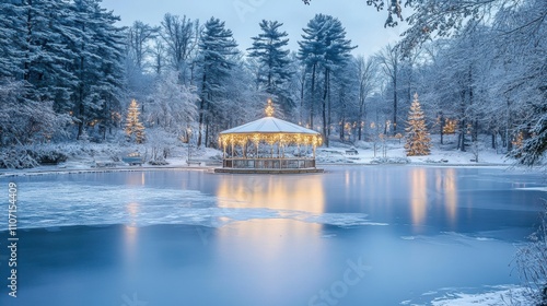 Serene Winter Wonderland with Snow-Covered Gazebo and Frozen Lake Illuminated by Warm Lights in a Peaceful Park Setting