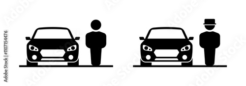 Car with Man Next to Icons. Silhouette Style. Vector icons