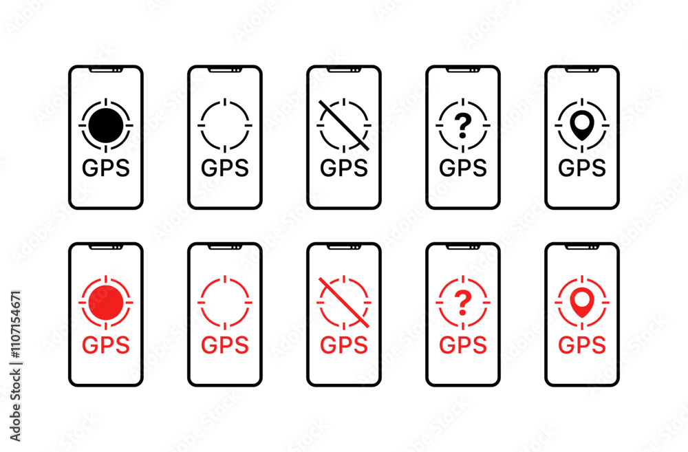 GPS point icon set. Smartphone screen. Linear and silhouette style. Vector icons GPS point icon set. Smartphone screen. Linear and silhouette style. Vector icons