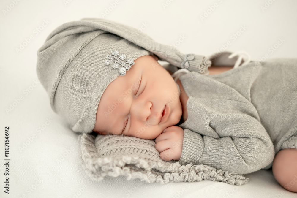 sleeping baby newborn on a white background, place for text, close-up portrait, baby sleeping on his tummy in a gray suit. sleeping baby newborn on a white background, place for text, close-up portrait, baby sleeping on his tummy in a gray suit.