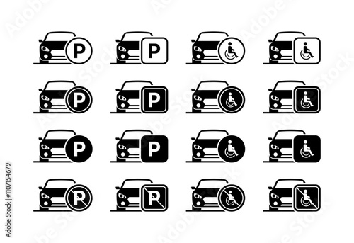 Parking Road Signs Set. Silhouette Style. Vector icons