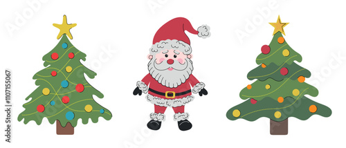 Santa Claus in red costume is standing between two Christmas tree decorated with Christmas lights. Hand drawn vector illustrations in flat style. Christmas holiday stickers, icons, decorations