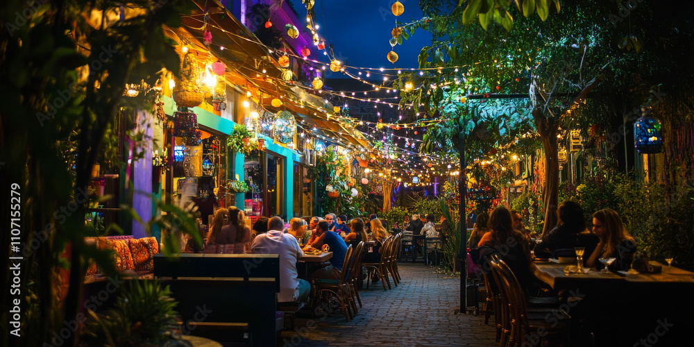 Naklejka premium A vibrant garden party with string lights, colorful decorations, and guests enjoying food and drinks under a starry sky. The cheerful atmosphere is full of life and celebration.