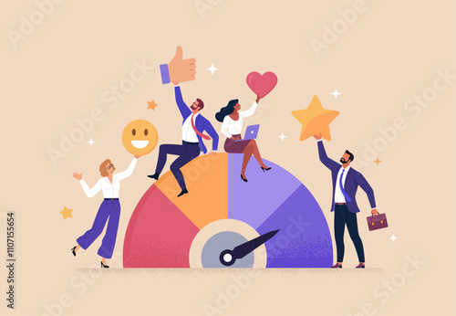 Employee Engagement Concept. Vector cartoon illustration in flat style of diverse businesspeople holding satisfaction and joy emojis in their hands against a positive-scale background.