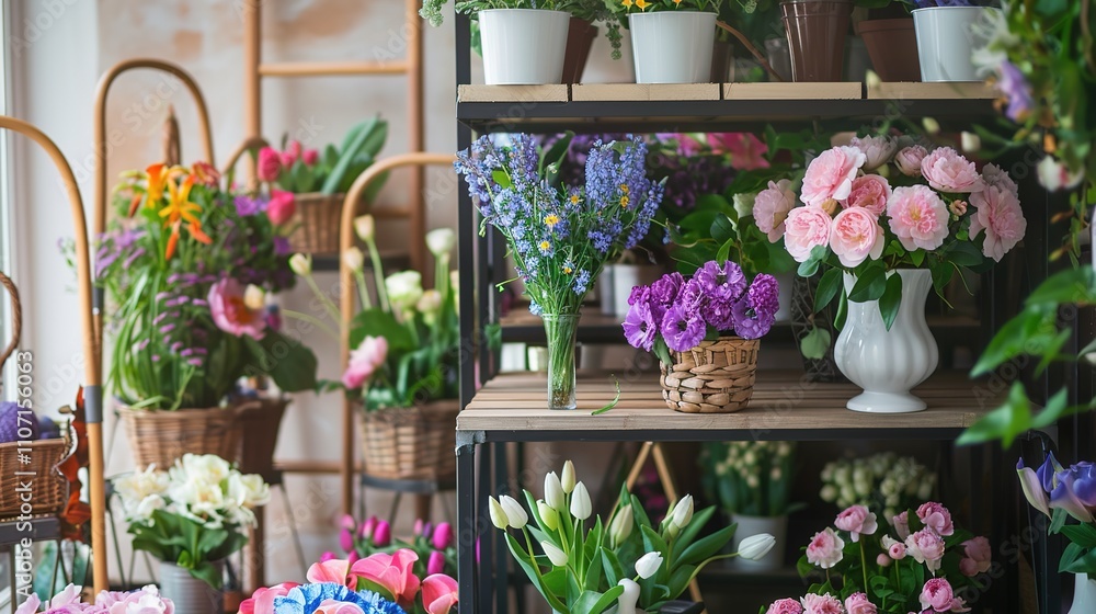 Fototapeta premium Shelf with Fresh Flowers in the Room - A charming and tranquil setting. The fresh flowers add a touch of nature and beauty to the room.
