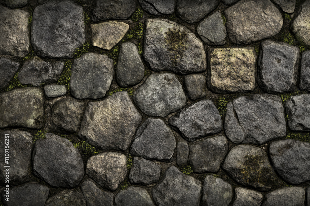 Fototapeta premium Textured cobblestone pathway, aged gray stones with mossy edges and irregular grooves, rustic and tactile