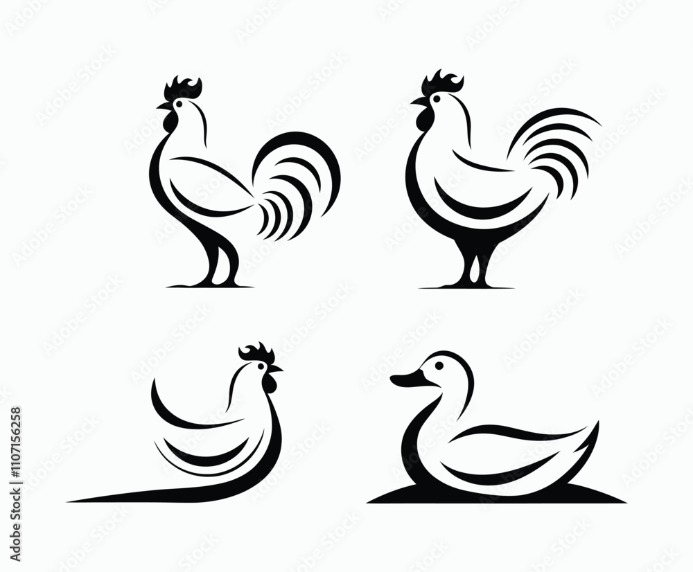 Fototapeta premium Soft Outline Contour Poultry Silhouettes Collection Vector Template