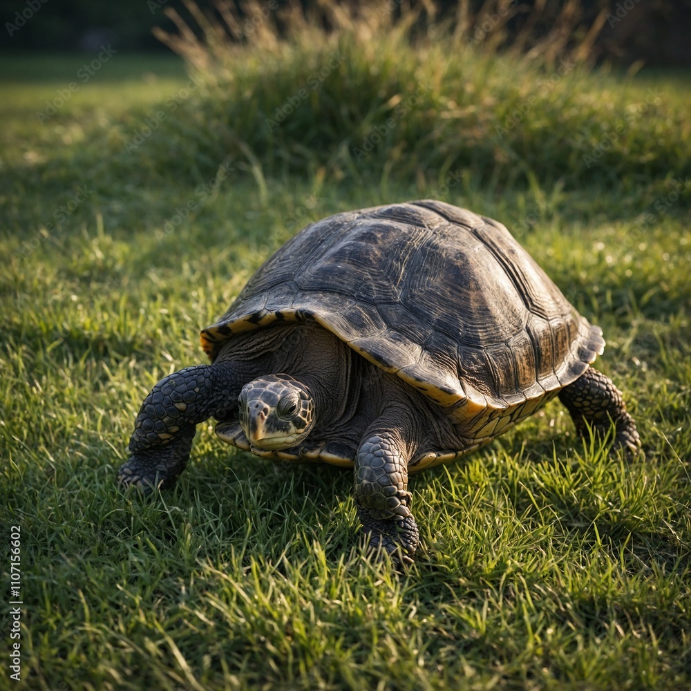 A turtle slowly walking across short grass, its shell glistening. A turtle slowly walking across short grass, its shell glistening.