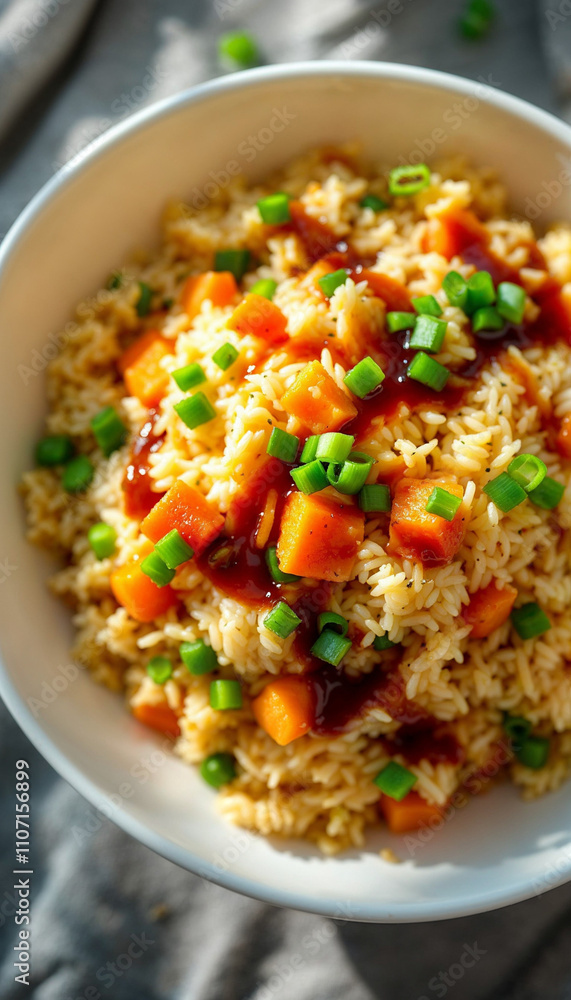 Spiced Fried Rice With Diced Vegetables Garnished With Fresh Scallions Spiced Fried Rice With Diced Vegetables Garnished With Fresh Scallions