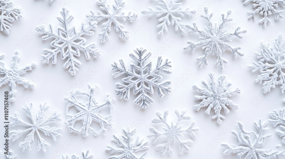 Abstract winter composition featuring 3D snowflakes delicately arranged on a white background Abstract winter composition featuring 3D snowflakes delicately arranged on a white background