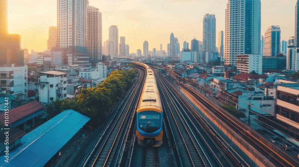 Vibrant cityscape with train motion, aerial view of urban dynamism. Aerial view train passing through Vibrant cityscape with train motion, aerial view of urban dynamism. Aerial view train passing through