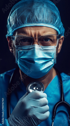 Focused Doctor in Full Protective Gear Holding a Stethoscope in a Dramatic Light