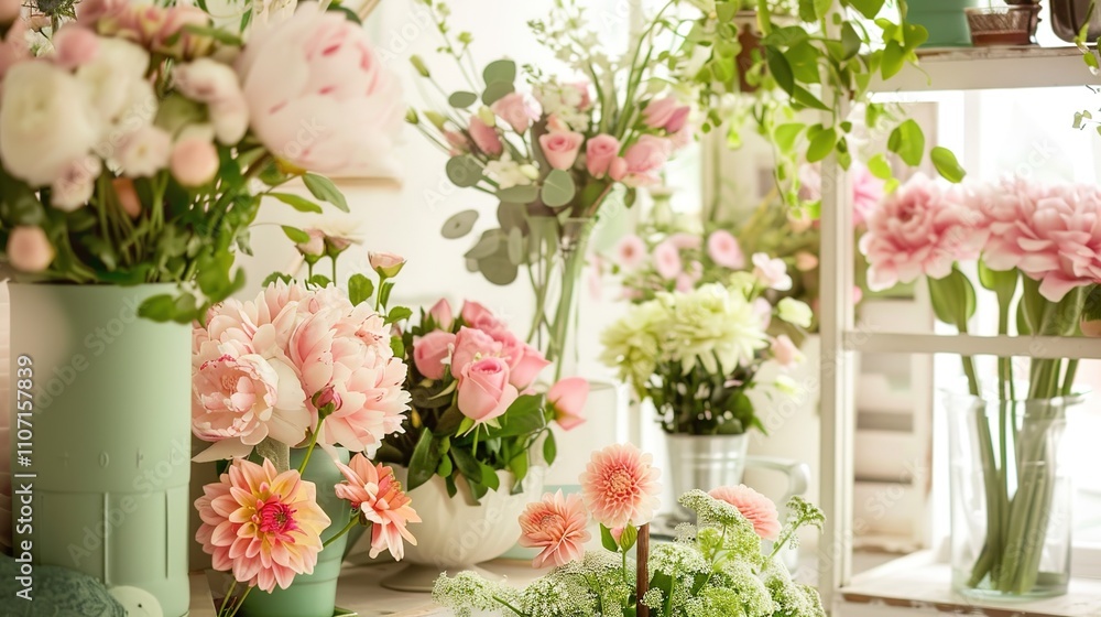 Shelf with Fresh Flowers in the Room - A charming and tranquil setting. The fresh flowers add a touch of nature and beauty to the room. Shelf with Fresh Flowers in the Room - A charming and tranquil setting. The fresh flowers add a touch of nature and beauty to the room.