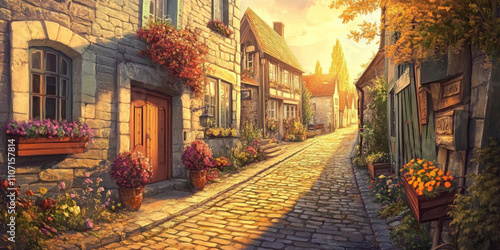 A peaceful cobblestone street in a quaint European village, lined with charming stone cottages and colorful flower boxes. The warm golden light of sunset bathes the scene, creating a cozy and