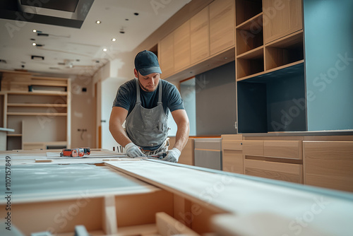 Carpenter skillfully installing wooden cabinetry in modern kitchen setup