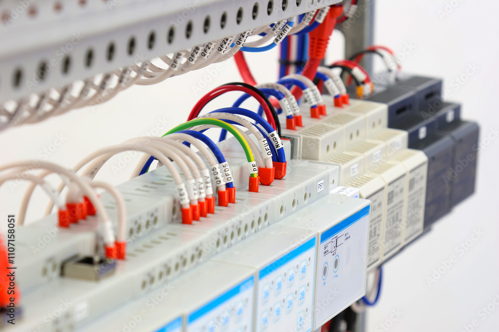 Connection of electrical modules using insulated mounting wires. Close-up. Soft focus. Connection of electrical modules using insulated mounting wires. Close-up. Soft focus.