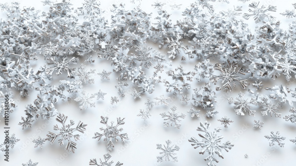 Array of 3D-rendered snowflakes scattered across a pure white background, with intricate icy details and soft lighting Array of 3D-rendered snowflakes scattered across a pure white background, with intricate icy details and soft lighting