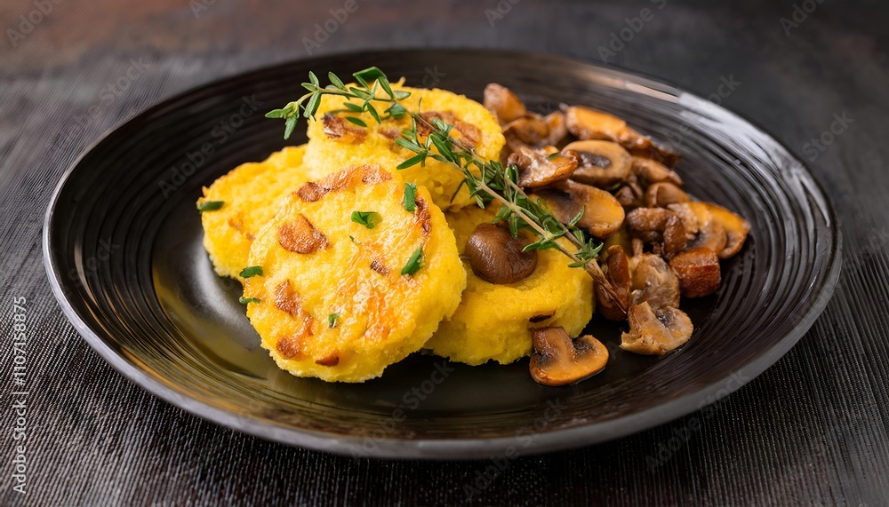 Delicious golden polenta cakes served with sautéed mushrooms and garnished with fresh herbs on a rustic black plate, creating a cozy and inviting dish. Delicious golden polenta cakes served with sautéed mushrooms and garnished with fresh herbs on a rustic black plate, creating a cozy and inviting dish.