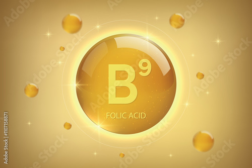 Vitamin B9 gold icon. Folic Acid vitamin drop pill capsule