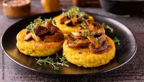 Delicious golden polenta cakes served with sautéed mushrooms and garnished with fresh herbs on a rustic black plate, creating a cozy and inviting dish.