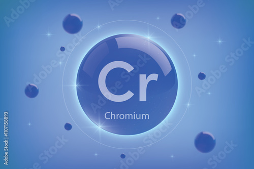 Chromium blue icon. Essential mineral capsule with glowing effects for bone health and wellnes.