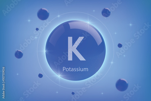 Potassium blue icon. Essential mineral capsule with glowing effects for bone health and wellnes