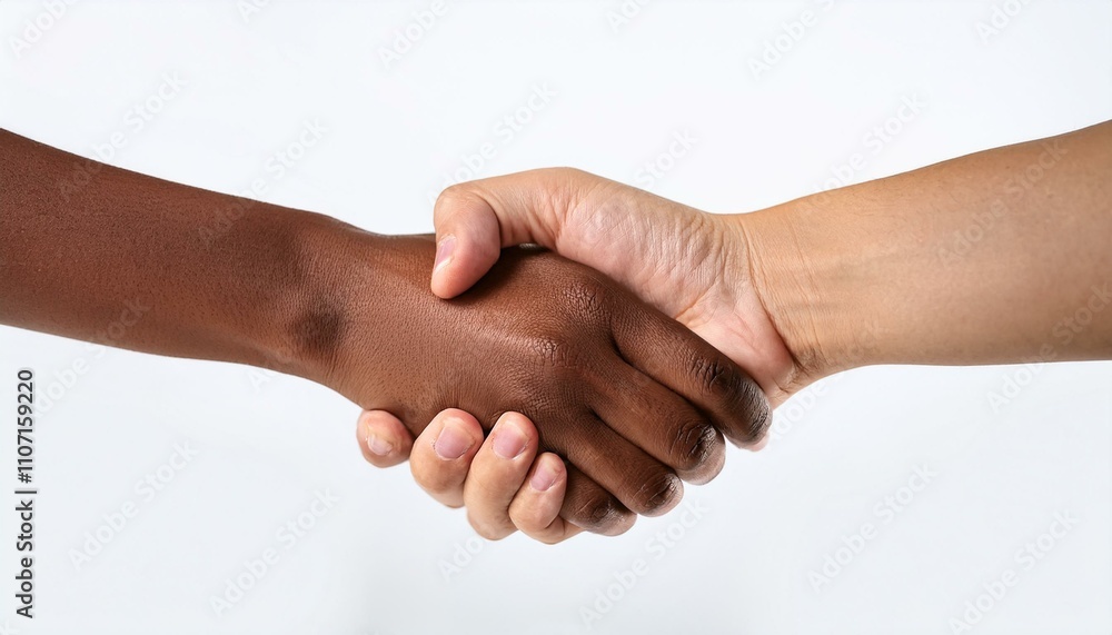 Multicultural diversity joining of hands, handshake, togetherness, community photo with diverse skin colors on isolated white background Multicultural diversity joining of hands, handshake, togetherness, community photo with diverse skin colors on isolated white background