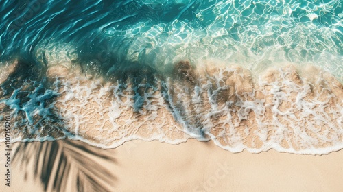 Abstract beach with palm shadow and clear water wave, travel and wellness banner.