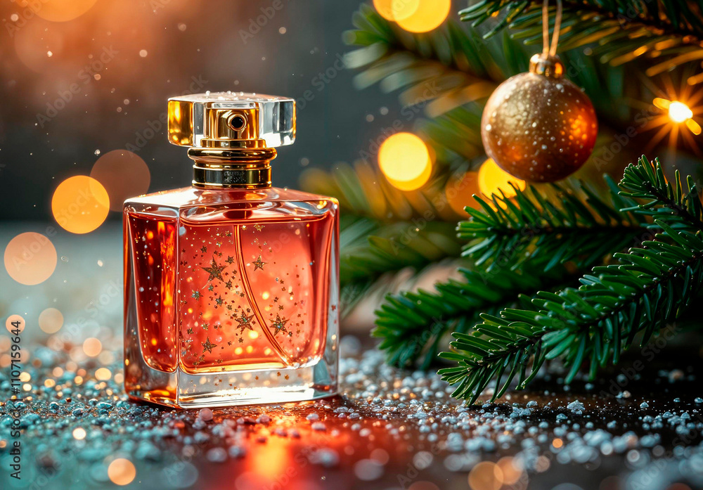 A New Year's gift in the form of a glass bottle of perfume under a green Christmas tree branch. A New Year's gift in the form of a glass bottle of perfume under a green Christmas tree branch.