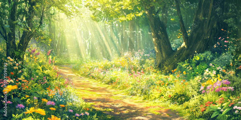 Fototapeta premium A vibrant forest trail with sunlight streaming through the canopy and colorful wildflowers along the path. The inviting scene captures the beauty of nature.
